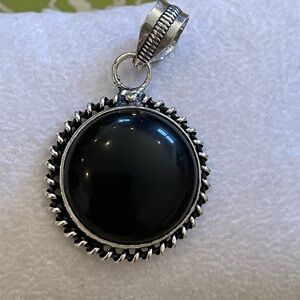 Natural Black Onyx Sterling Silver Round Pendant – Vintage Style - Brand New